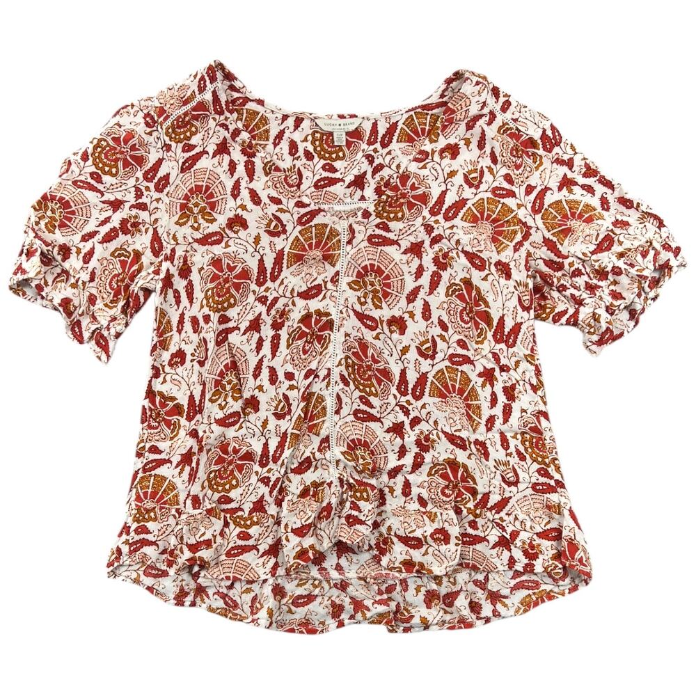 Lucky Brand Boho Floral Ruffle Hem Blouse High Low Top Cropped Short Sleeve - S